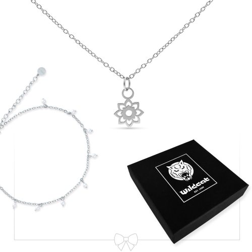 Silberne Halskette mit Blumenanhänger und Perlenarmband, schwarze Box