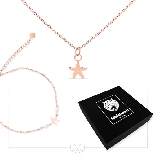 Roségoldenes Seestern Schmuckset mit Kette und Armband, schwarze Wildcat-Verpackung