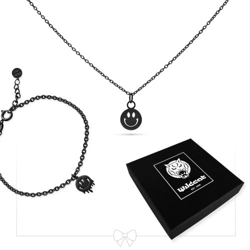 Schwarzes Halsketten- und Armbandset mit Smiley-Anhängern, schwarze Geschenkbox