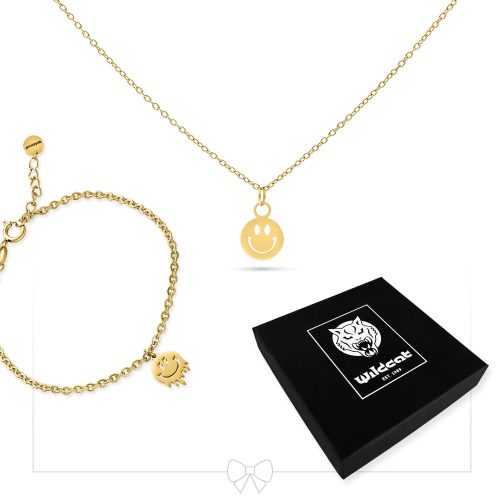 Goldene Halskette mit Smiley-Anhänger und passendem Armband, schwarzes Wildcat-Schmuckkästchen