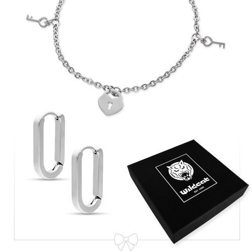 Silbernes Armband mit Schlüsselanhängern und herzförmigem Schloss, silberne Ohrringe und schwarze Wildcat-Box