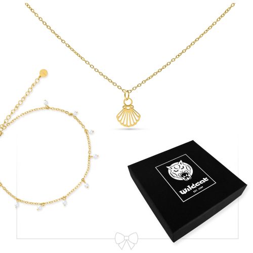 Goldenes Kettenset mit Muschelanhänger und Perlen, schwarze Wildcat-Box