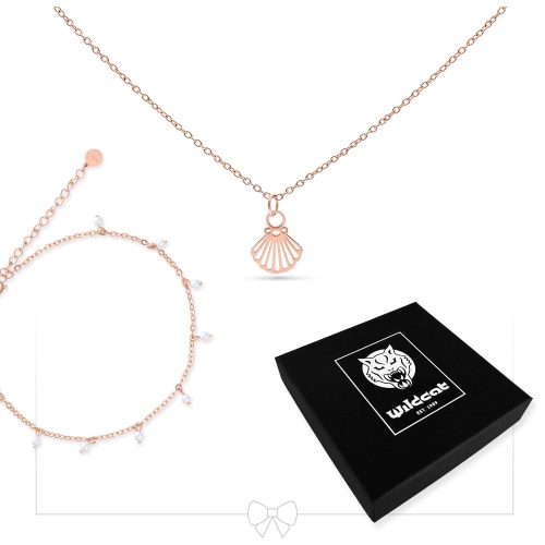 Roségoldene Halskette mit Muschelanhänger und passendem Fußkettchen, schwarze Wildcat-Schmuckbox