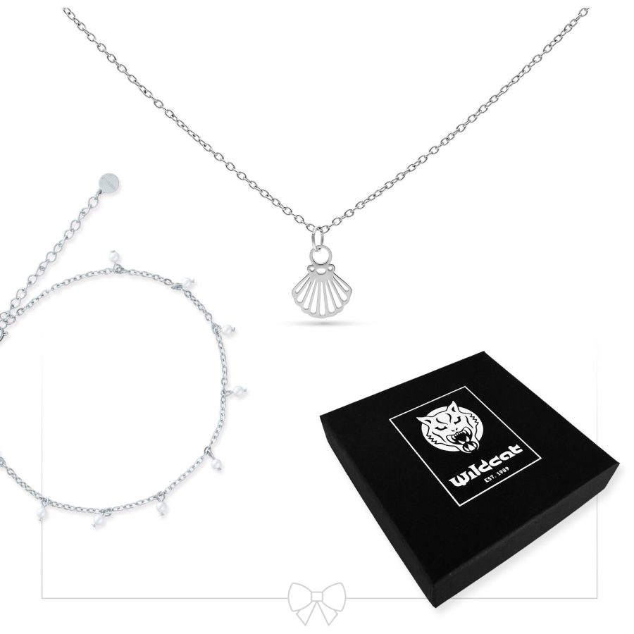 Silberne Halskette mit Muschel-Anhänger und passendem Fußkettchen, schwarze Box