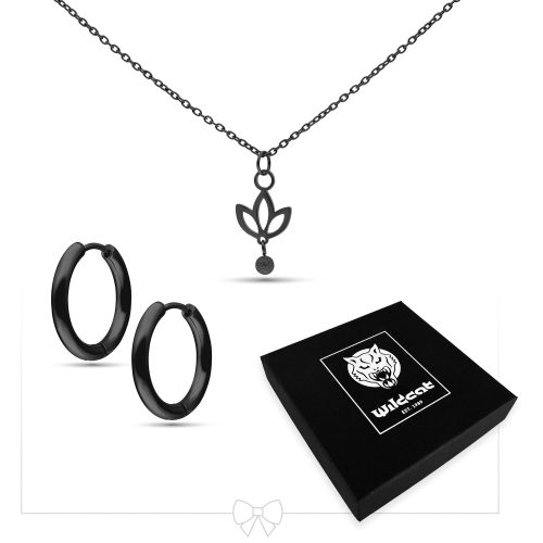 Schwarze Halskette mit Lilienanhänger und Creolen, Wildcat-Schmuckbox
