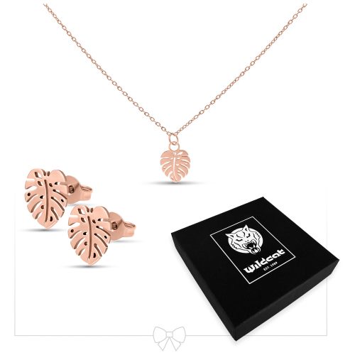 Roségoldenes Monstera-Set mit Kette und Ohrsteckern, schwarze Box