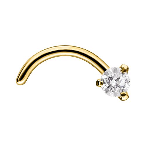 Gebogener goldener Nasenstecker mit klarem Kristall auf weißem Hintergrund
