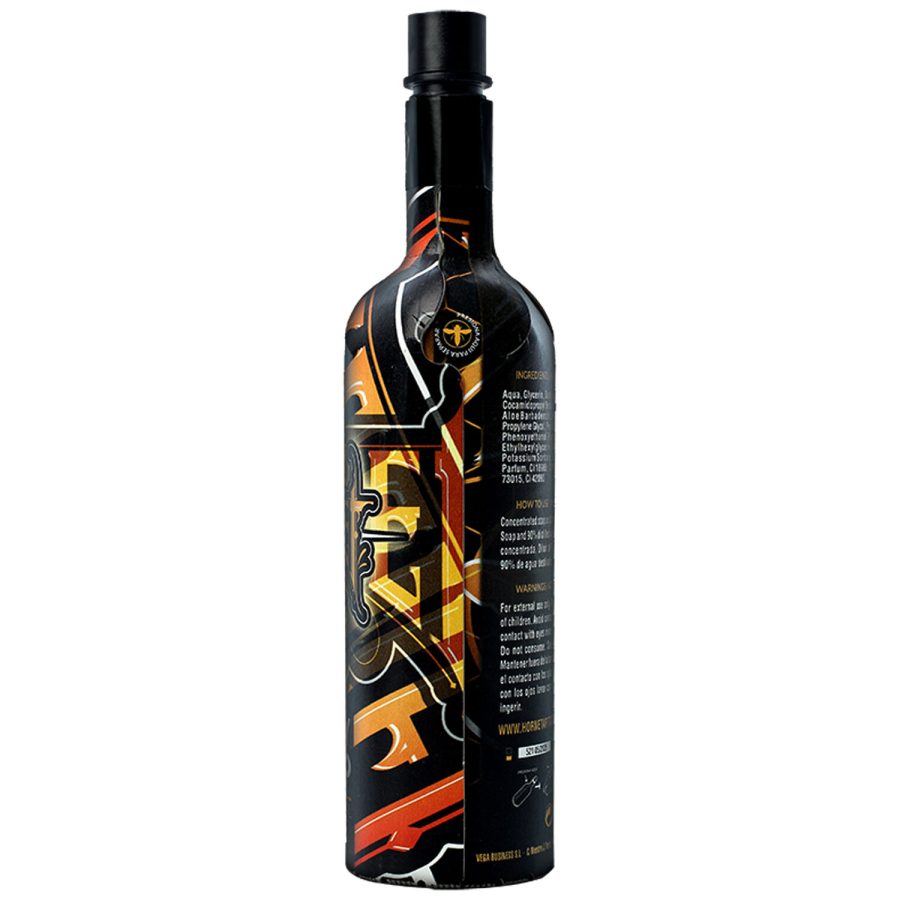 Schwarze Flasche Hornet Honey Soap mit buntem Design auf weißem Hintergrund