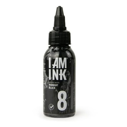 Schwarze I AM INK Flasche mit 50ml Midnight Black Tinte auf weißem Hintergrund