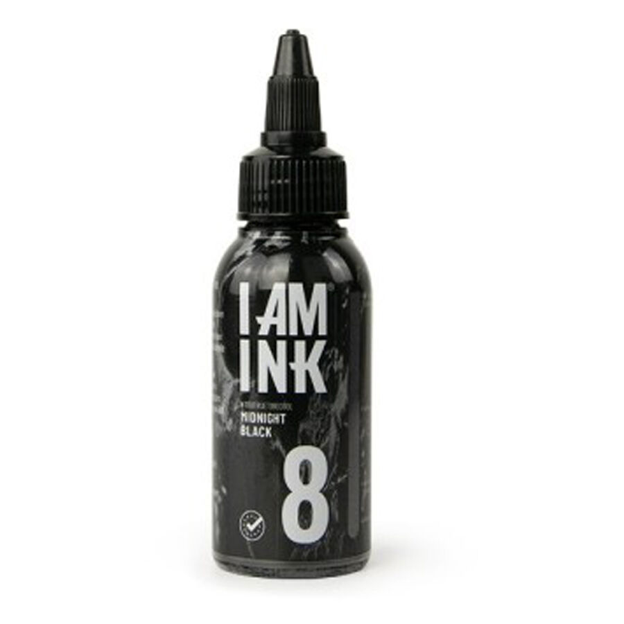 Schwarze I AM INK Flasche mit 50ml Midnight Black Tinte auf weißem Hintergrund