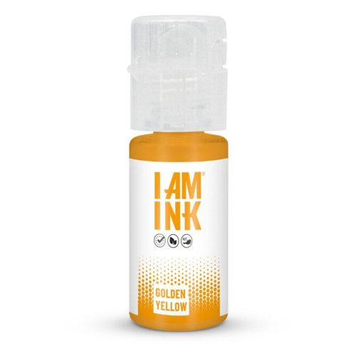 Flasche I AM INK Tattoofarbe in Golden Yellow auf weißem Hintergrund