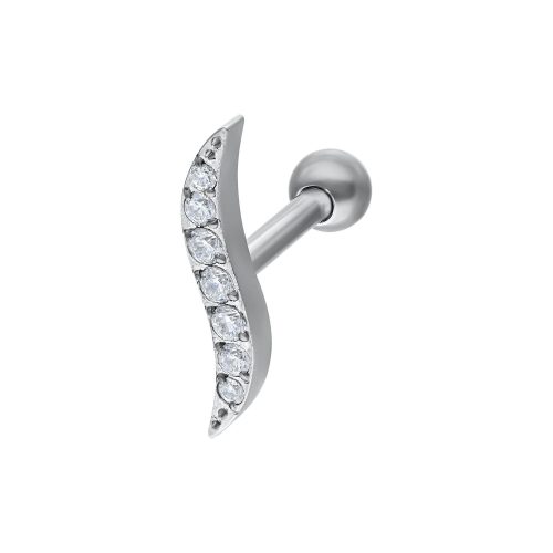 Silberner Earbarbell aus Titan mit wellenförmigem Design und klaren Zirkonia-Steinen auf weißem Hintergrund