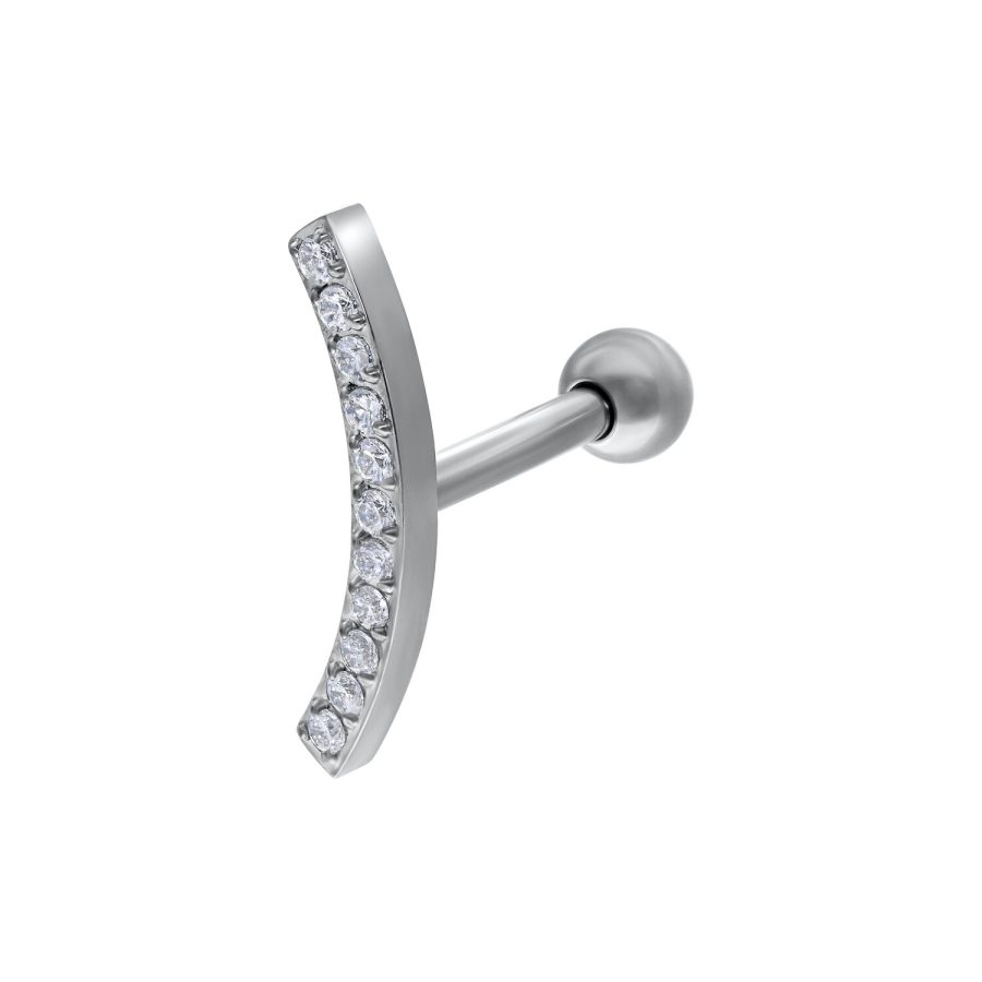 Silbernes Earbarbell mit klaren Kristallen auf weißem Hintergrund