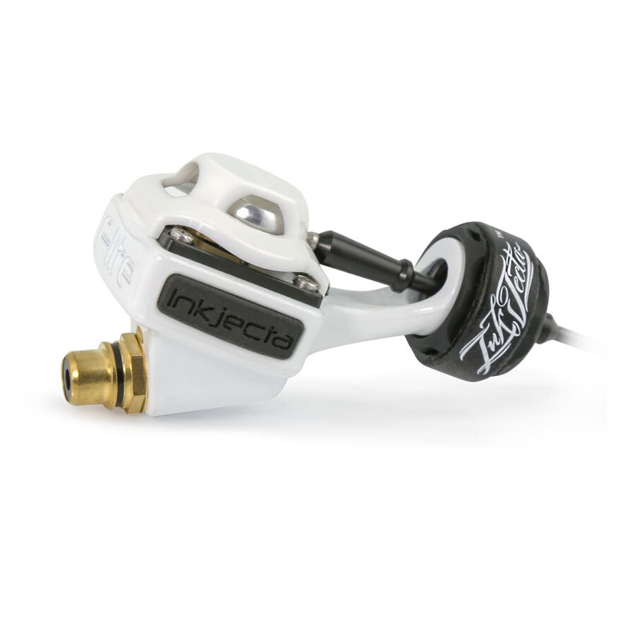 Weiße Flite Nano Elite Tattoomaschine aus Aluminium mit schwarzem Griff auf weißem Hintergrund