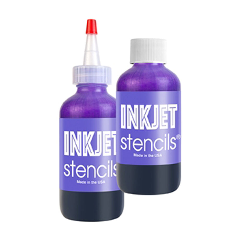 Zwei lila Inkjet Stencils Flaschen, 120 ml, auf weißem Hintergrund