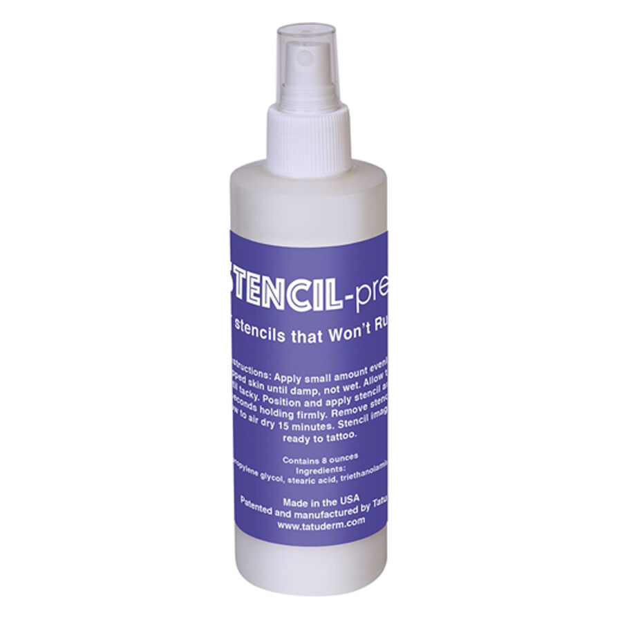 Weiße Stencil Prep Sprayflasche 250ml mit blauem Etikett auf weißem Hintergrund