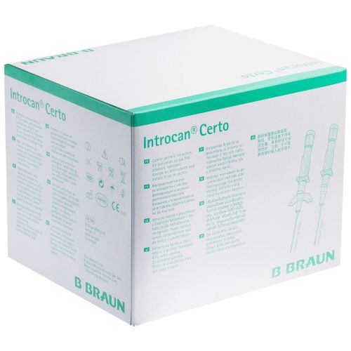 Weiße Verpackung mit grünen Akzenten der Marke B Braun für Introcan Piercingnadeln