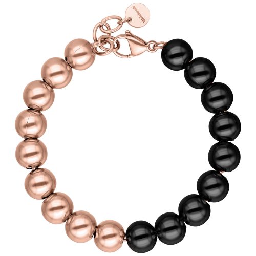 Bubble Armband aus Chirurgenstahl, roségoldene und schwarze Perlen auf weißem Hintergrund