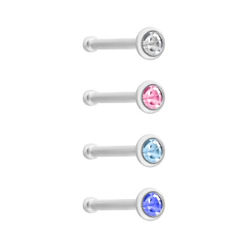 Silberner Nasenstecker mit klaren, pinken, hellblauen und dunkelblauen Kristallen auf weißem Hintergrund