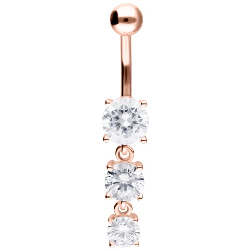 Roségoldenes Bauchnabelpiercing mit drei klaren Kristallen auf weißem Hintergrund