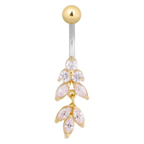 Goldenes Bauchnabelpiercing mit klaren Kristallen auf weißem Hintergrund