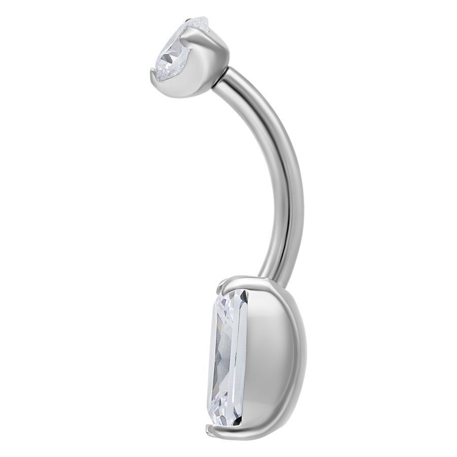 Quadratisches Bauchnabelpiercing aus Titan mit klarem Kristall auf weißem Hintergrund