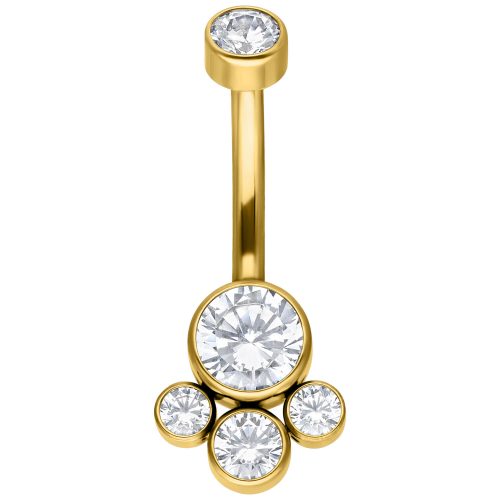 Goldenes Diana Bananabell Piercing mit fünf klaren Kristallen auf weißem Hintergrund