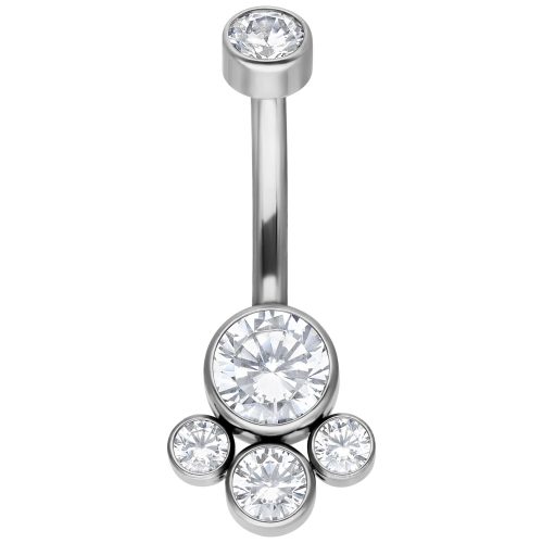 Silbernes Bauchnabelpiercing aus Titan mit klaren Kristallen auf weißem Hintergrund
