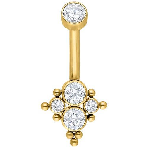 Goldenes Bauchnabelpiercing mit klaren Kristallen auf weißem Hintergrund