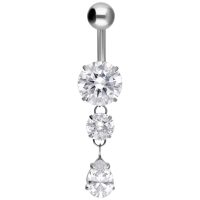 Silbernes Bauchnabelpiercing mit drei klaren Kristallen auf weißem Hintergrund