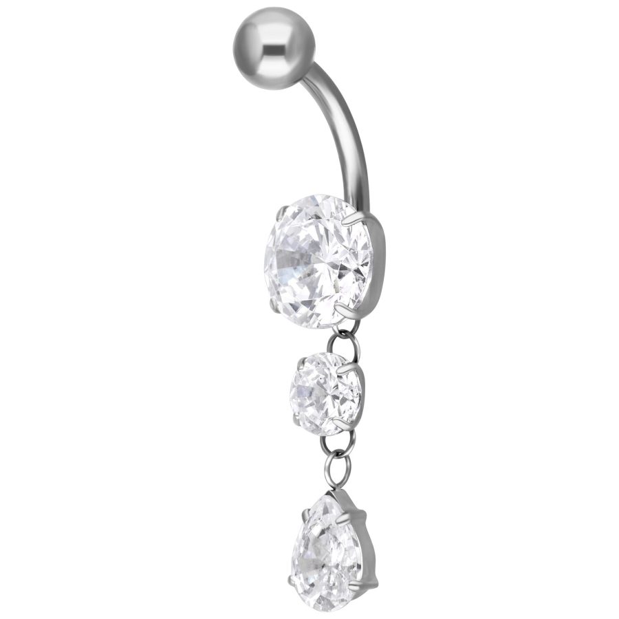 Silbernes Bauchnabelpiercing mit drei klaren Kristallen auf weißem Hintergrund