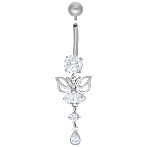 Silbernes Bauchnabelpiercing in Schmetterlingsform mit klaren Kristallen auf weißem Hintergrund