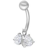 Silbernes Bauchnabelpiercing mit Kristallbiene auf weißem Hintergrund