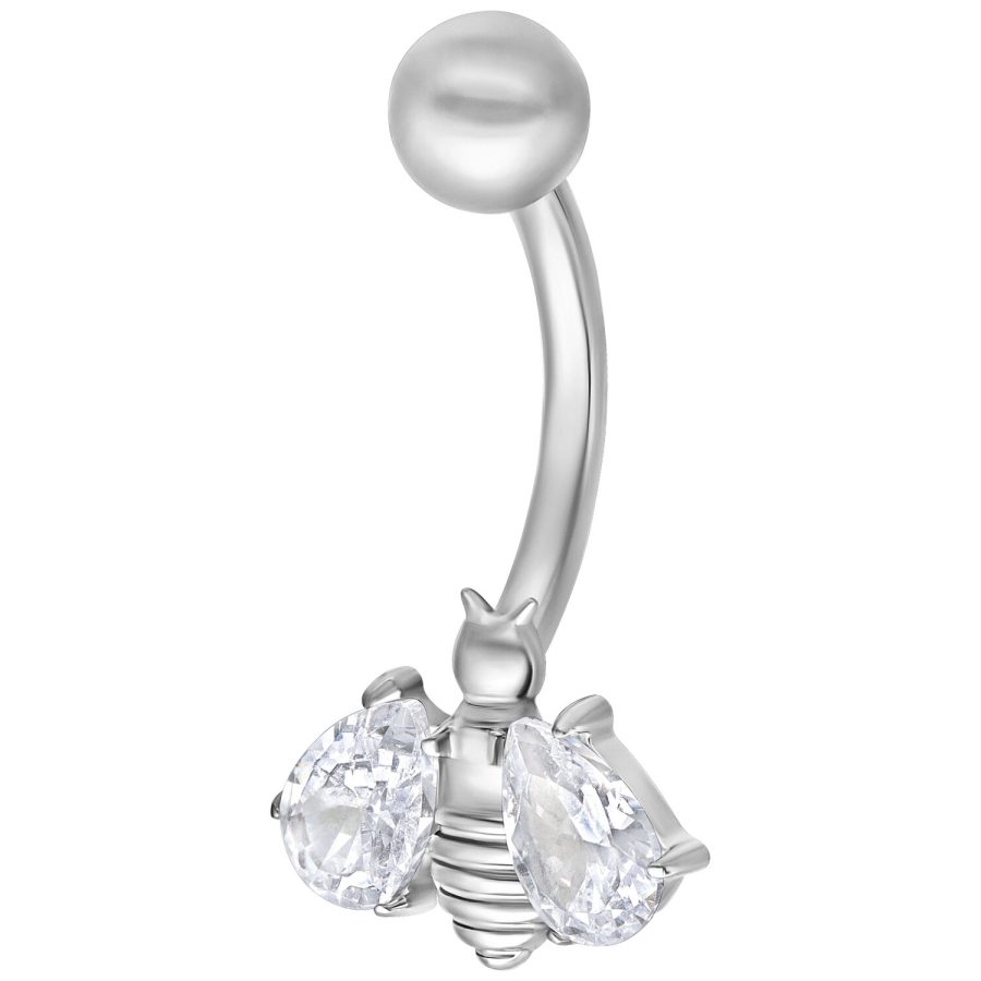 Silbernes Bauchnabelpiercing mit Kristallbiene auf weißem Hintergrund
