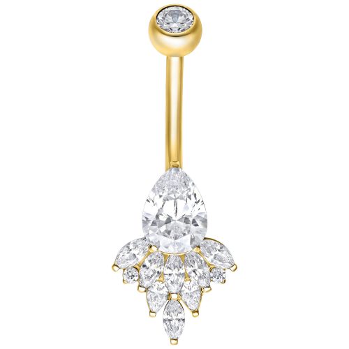 Goldenes Bananabell-Piercing mit klaren Kristallen, Länge 8mm, auf weißem Hintergrund