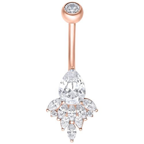 Bauchnabelpiercing in Roségold mit klaren Kristallen auf weißem Hintergrund
