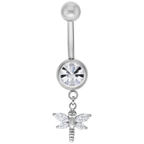 Silbernes Bauchnabelpiercing mit Libellen-Anhänger und klarem Kristall auf weißem Hintergrund