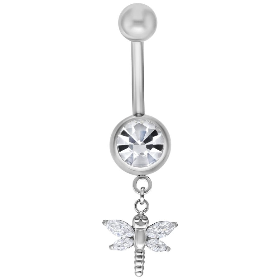 Silbernes Bauchnabelpiercing mit Libellen-Anhänger und klarem Kristall auf weißem Hintergrund