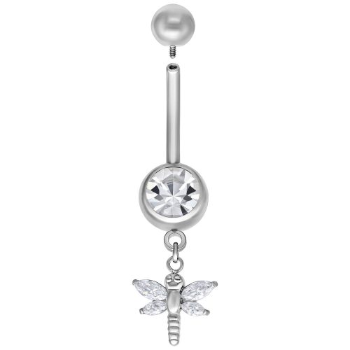 Silbernes Bauchnabelpiercing mit Libellen-Anhänger und kristallklarem Stein, 8,0 mm