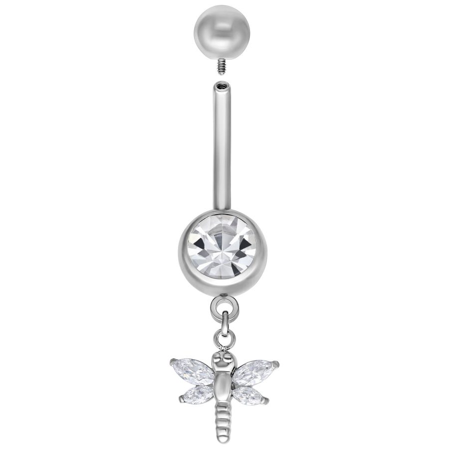 Silbernes Bauchnabelpiercing mit Libellen-Anhänger und kristallklarem Stein, 8,0 mm