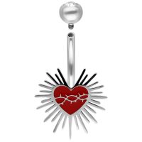 Silbernes Titan Bananabell mit rotem Sacred Heart und Dornenkranz auf weißem Hintergrund