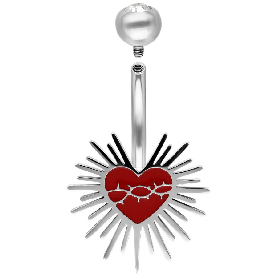 Silbernes Titan Bananabell mit rotem Sacred Heart und Dornenkranz auf weißem Hintergrund