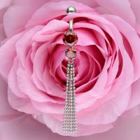 Silbernes Bananabell mit roten Kristallen und Ketten auf rosa Rose