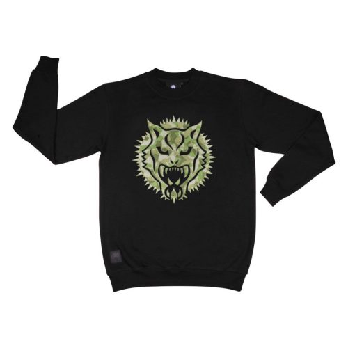 Schwarzer Unisex-Pullover mit grünem Löwenmotiv auf der Vorderseite