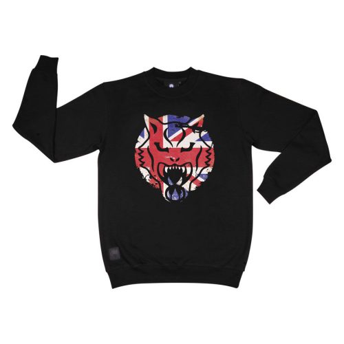 Schwarzes Sweatshirt mit farbigem Tiger-Print auf weißem Hintergrund