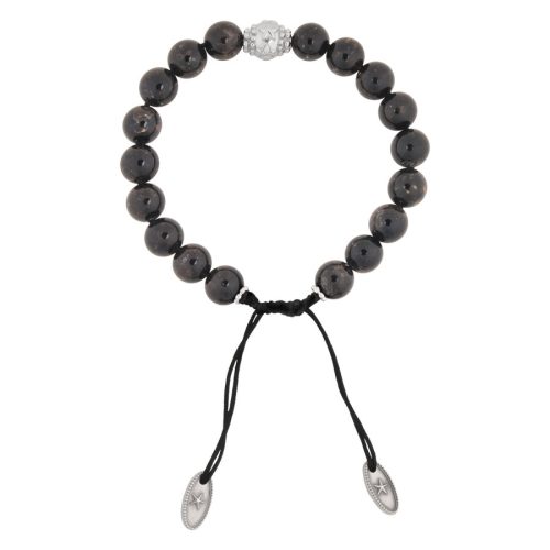Schwarzes Armband mit braunen Kristallperlen und verstellbarem Verschluss auf weißem Hintergrund