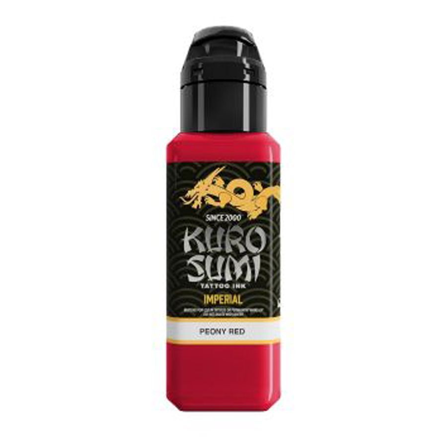 Rote Tattoofarbe in Flasche mit schwarzem Deckel auf weißem Hintergrund