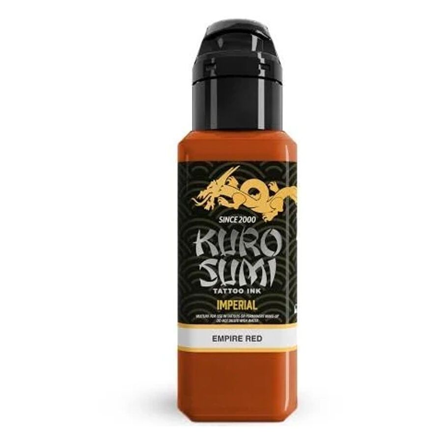 Rote Kuro Sumi Tattoofarbe Flasche mit schwarzem Verschluss auf weißem Hintergrund