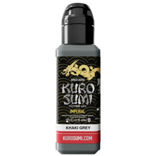 Flasche Kuro Sumi Imperial Tattoofarbe in Khaki Grau auf weißem Hintergrund