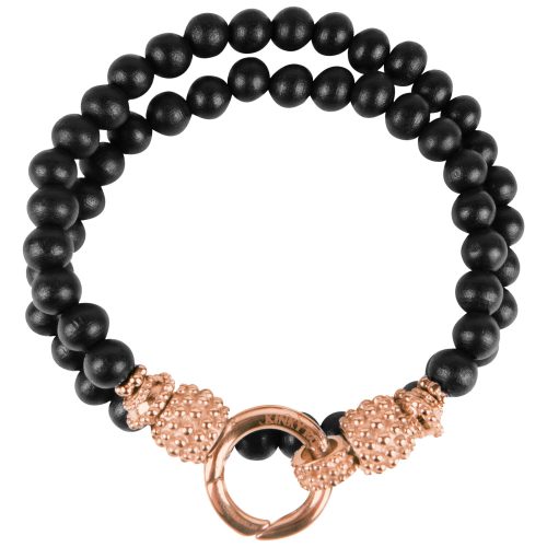 Schwarzes Armband aus Holzperlen, roségoldene Schließe, 190 mm
